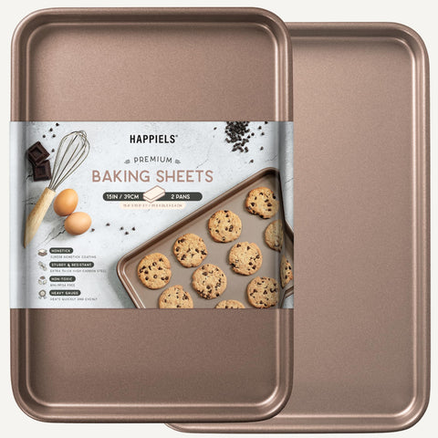 HAPPIELS nonstick baking sheets in a hero shot, designed for easy release and quick cleanup.