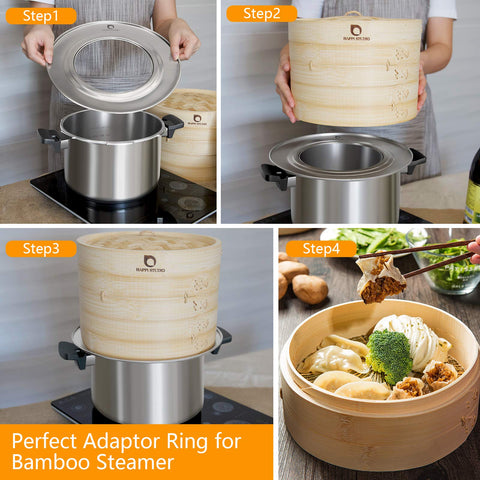 Happi Studio bamboo steamer 10inch 2-tier bao buns demonstrate versatile cooking at home.