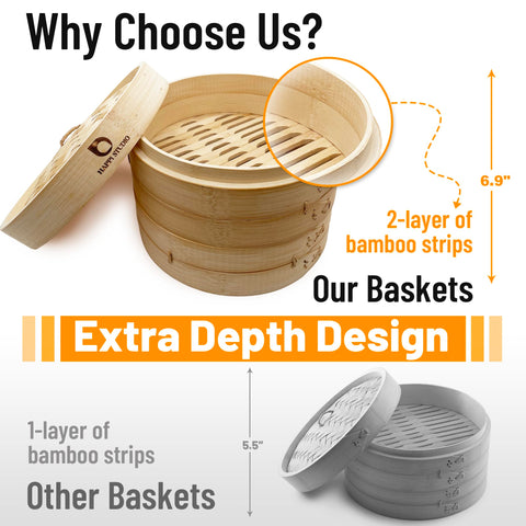 Happi Studio bamboo steamer 10inch 2-tier dumplings image highlights perfect fit for dim sum.