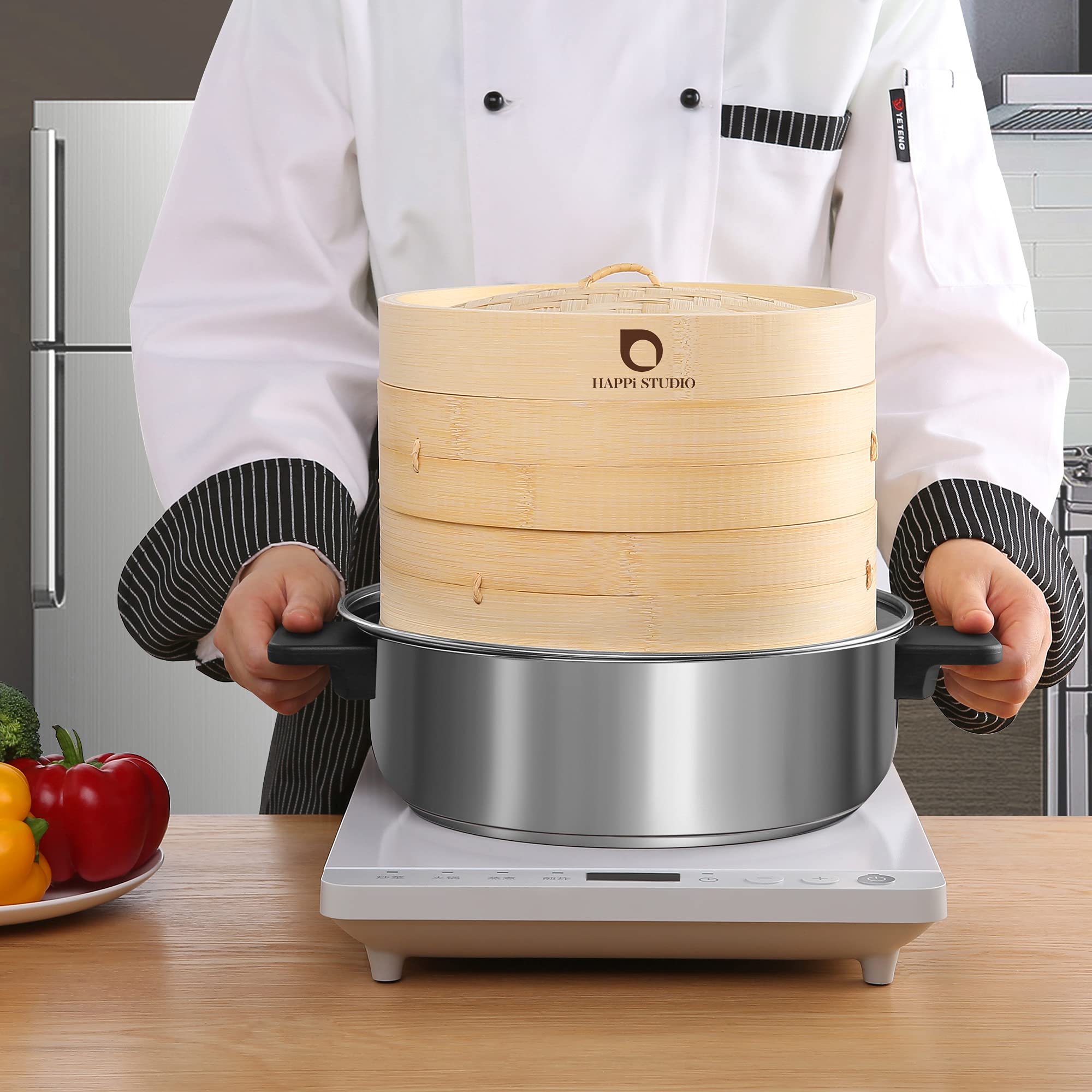 Happi Studio bamboo steamer 10inch 2-tier in use showcasing steam cooking.