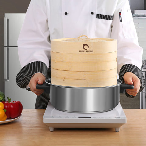 Happi Studio bamboo steamer 10inch 2-tier in use showcasing steam cooking.