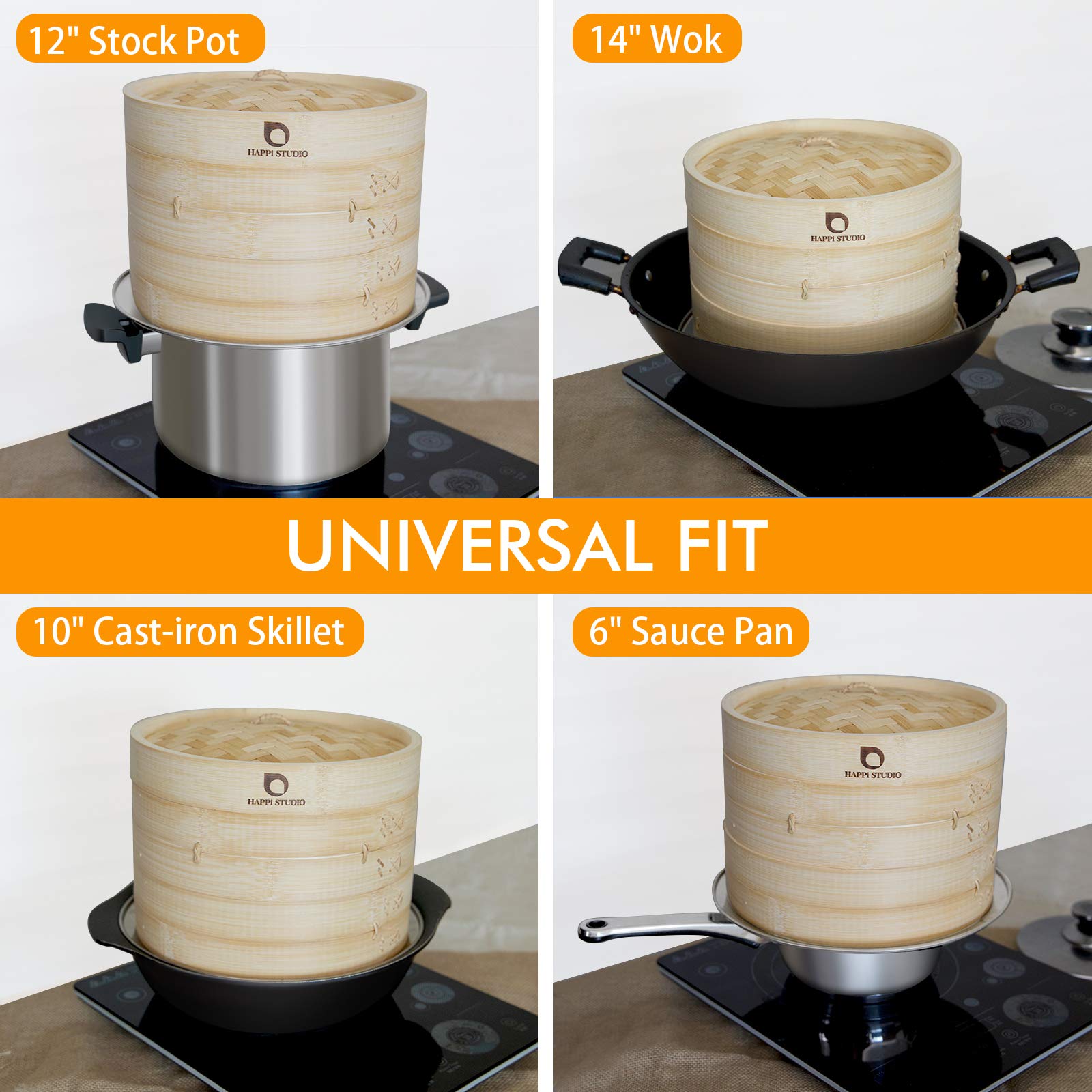 Happi Studio bamboo steamer 10inch 2-tier rice steaming for fluffy grains.