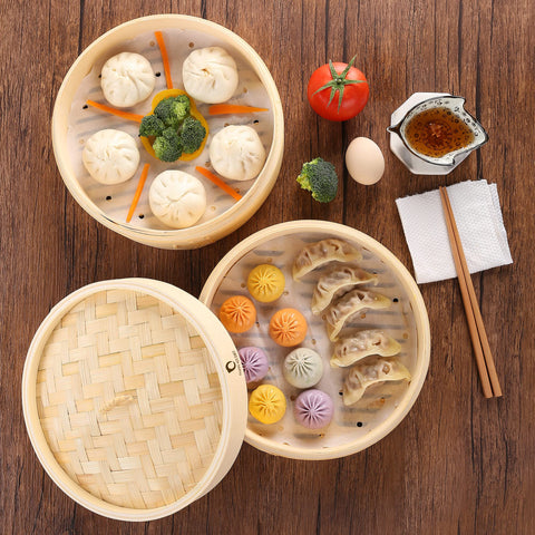Happi Studio bamboo steamer 10inch 2-tier stainless ring secure fitting.