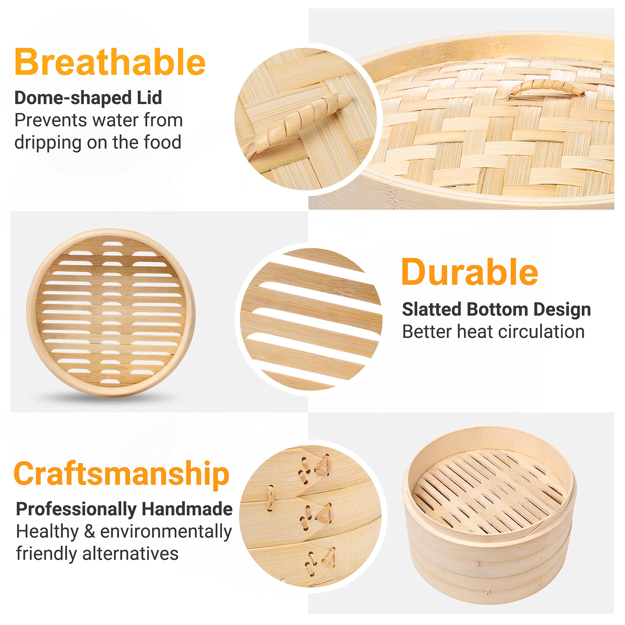 Happi Studio bamboo steamer 10inch 2-tier vegetables retain color and texture.