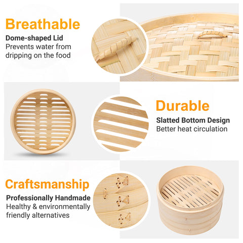 Happi Studio bamboo steamer 10inch 2-tier vegetables retain color and texture.