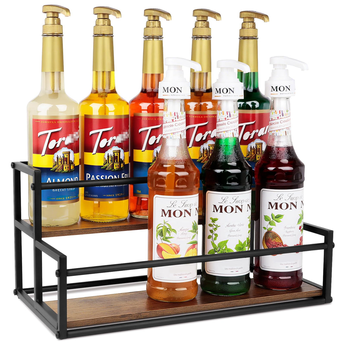 Happilif Coffee Syrup Rack 2-Tier displaying ten bottles for easy flavor selection at a coffee bar