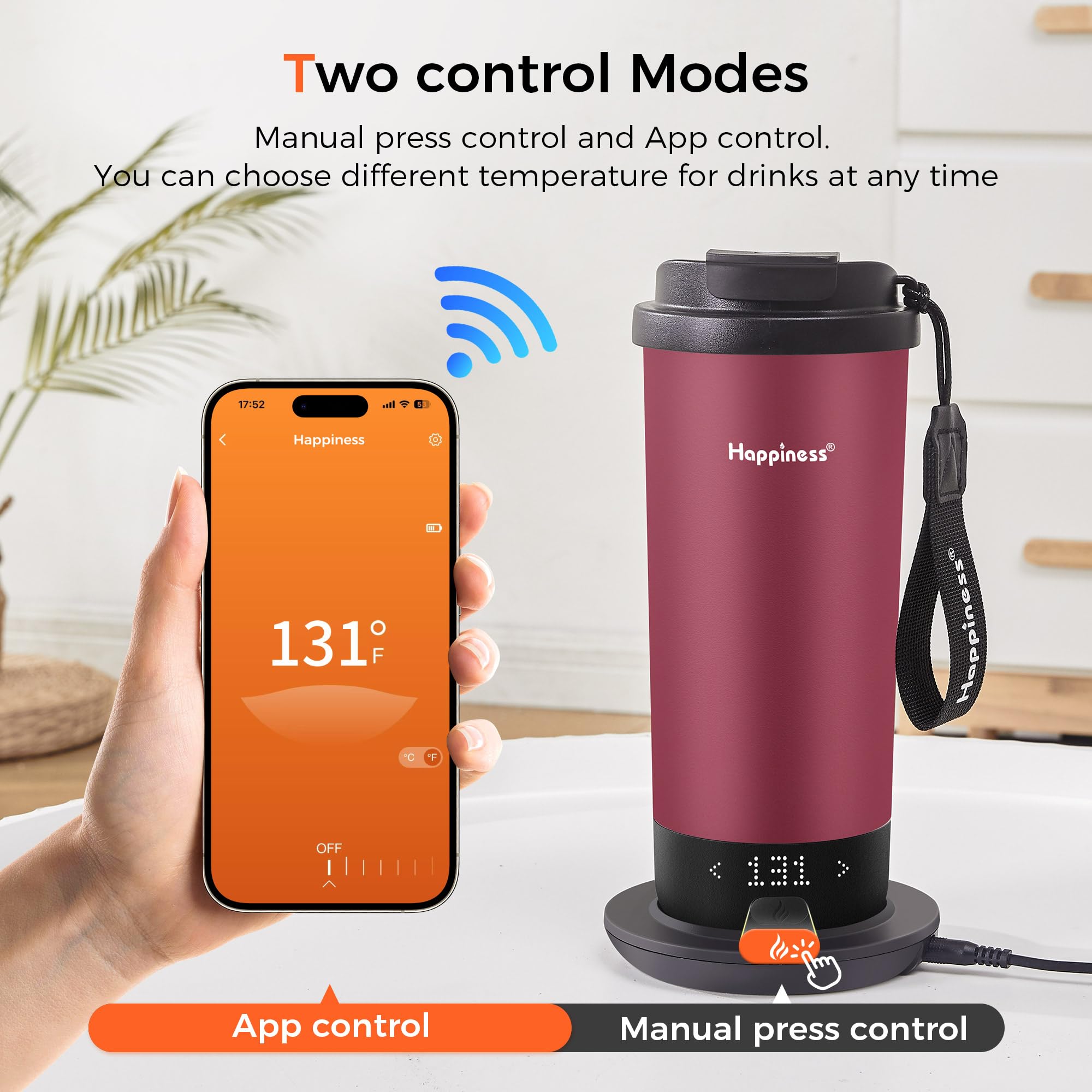 App control interface on Happiness mug enables custom temperature settings