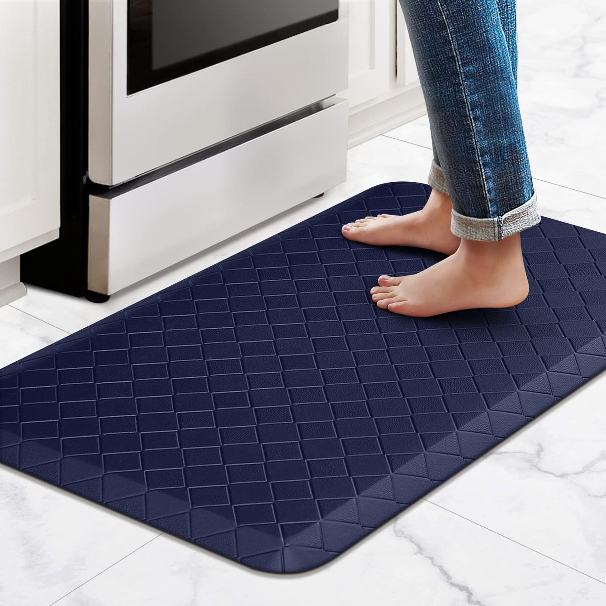 HappyTrends anti-fatigue kitchen mat offers cushioned support for long cooking sessions.