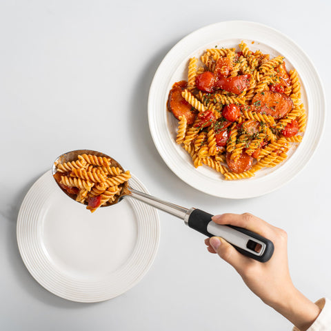 Happy Kit soup ladle with smooth pour for soups and stews.