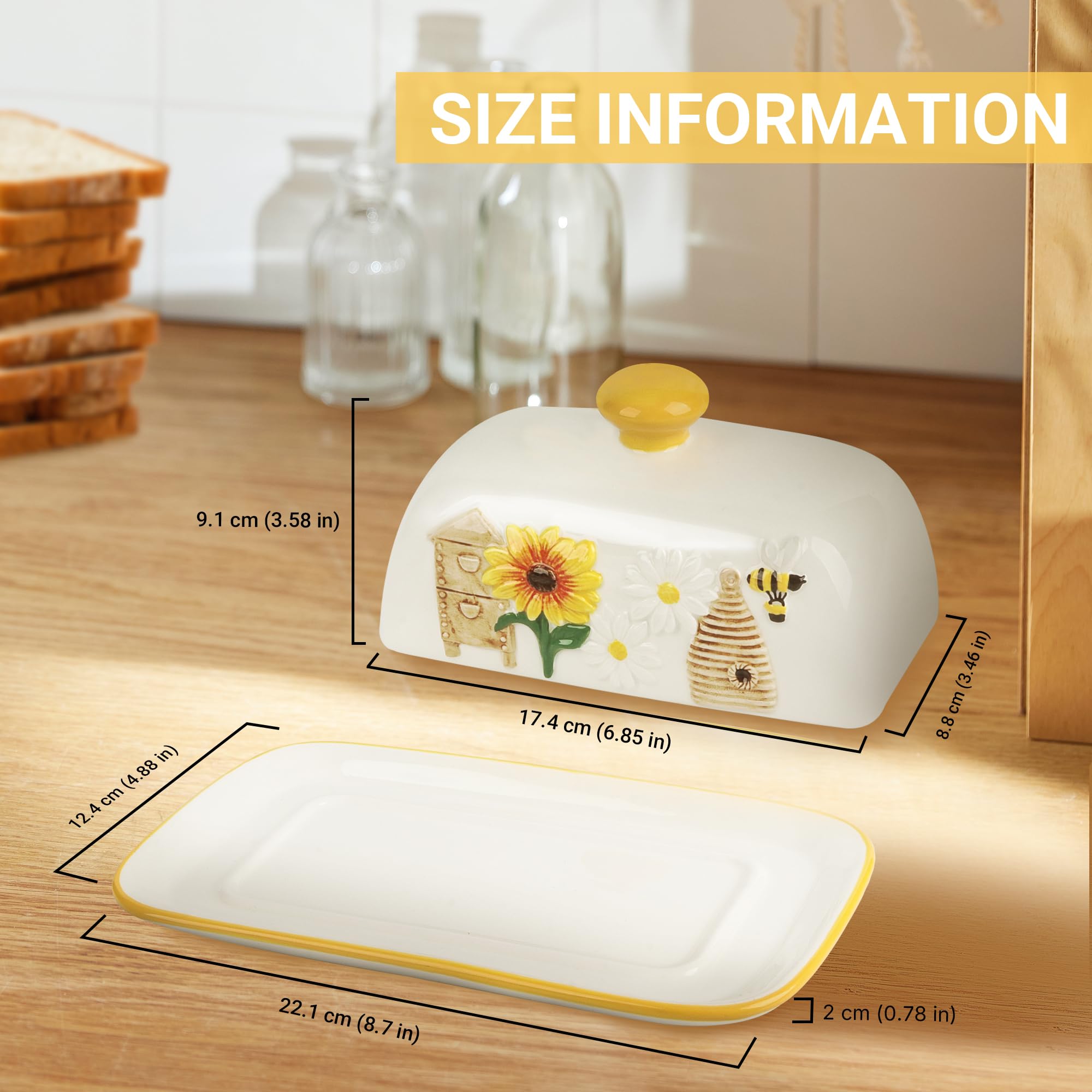 Happy Will butter container with sunflowers and bees hand-drawn pattern adds cheerful kitchen decor.