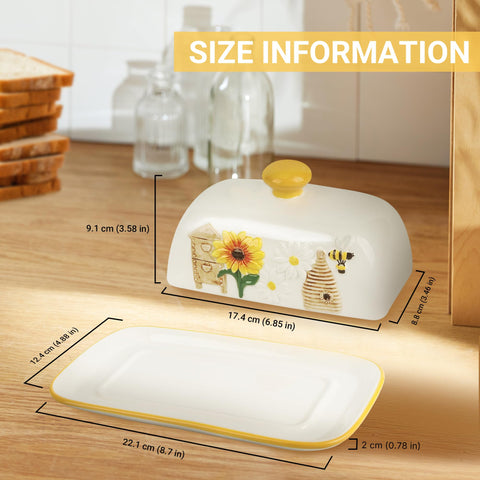 Happy Will butter container with sunflowers and bees hand-drawn pattern adds cheerful kitchen decor.