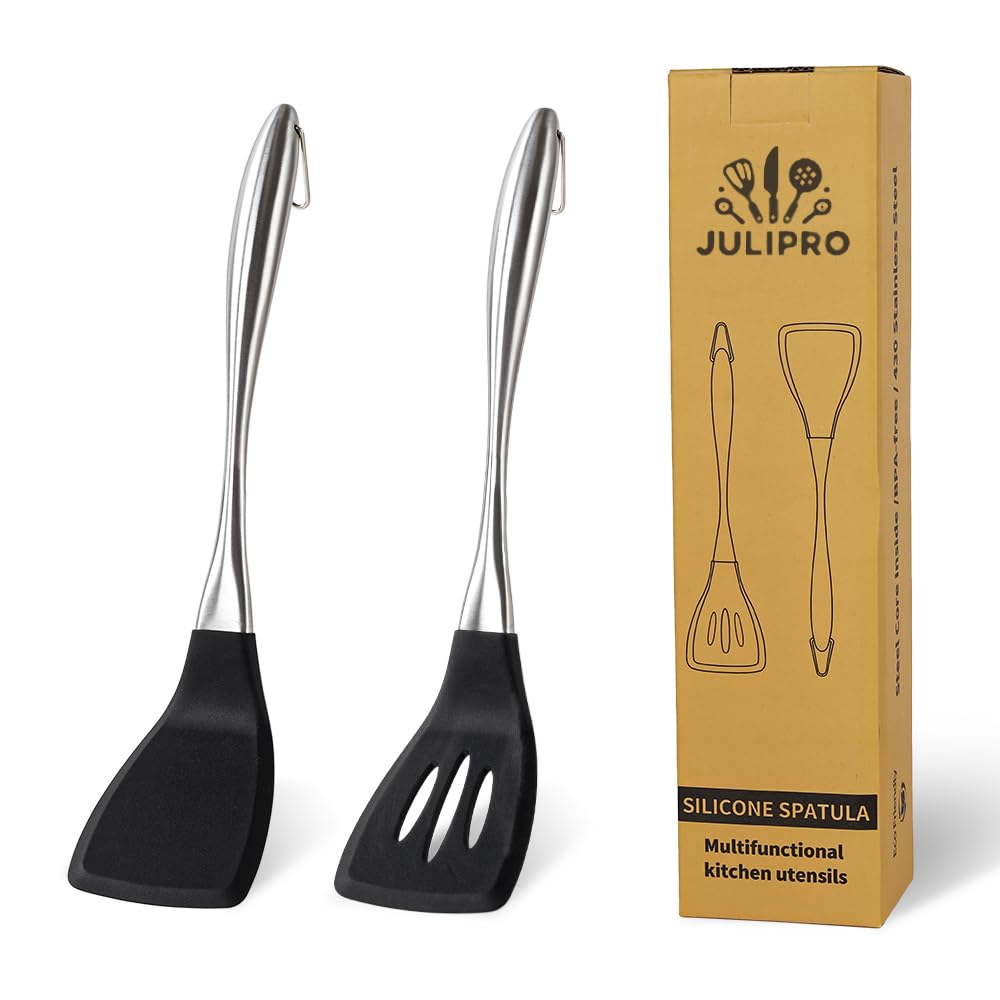 Happy Kit heavy-duty silicone spatula solid with stainless steel handle for durable flipping on nonstick pans.