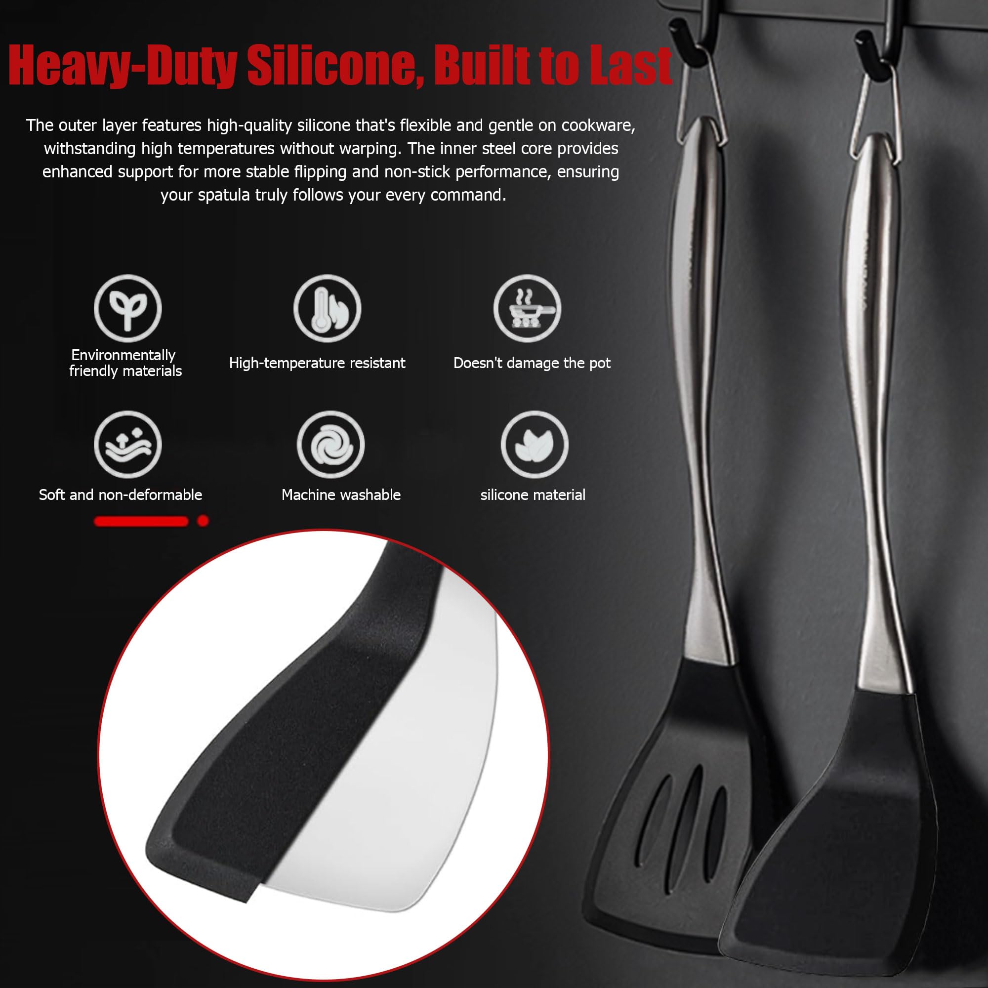 Happy Kit silicone spatula handle closeup, showcasing steel core for a sturdy grip.