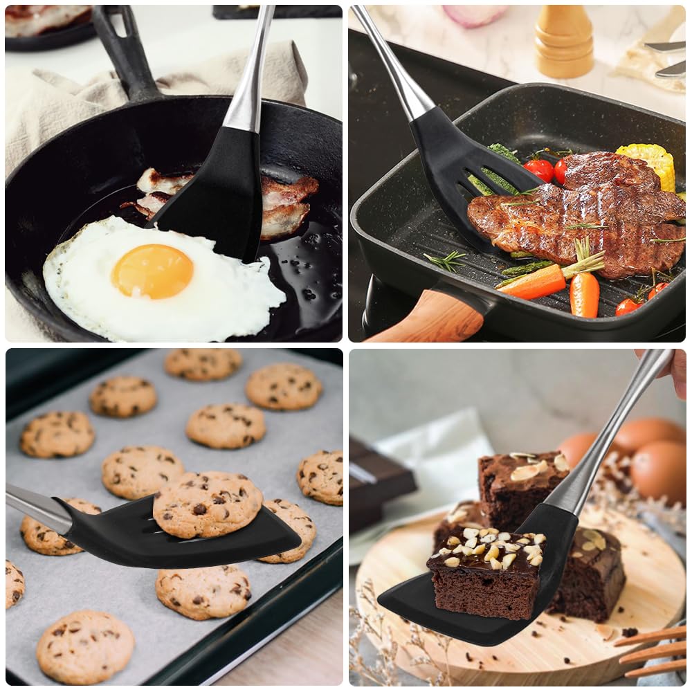 Happy Kit spatula flipping eggs, lightweight control for precise cooking.