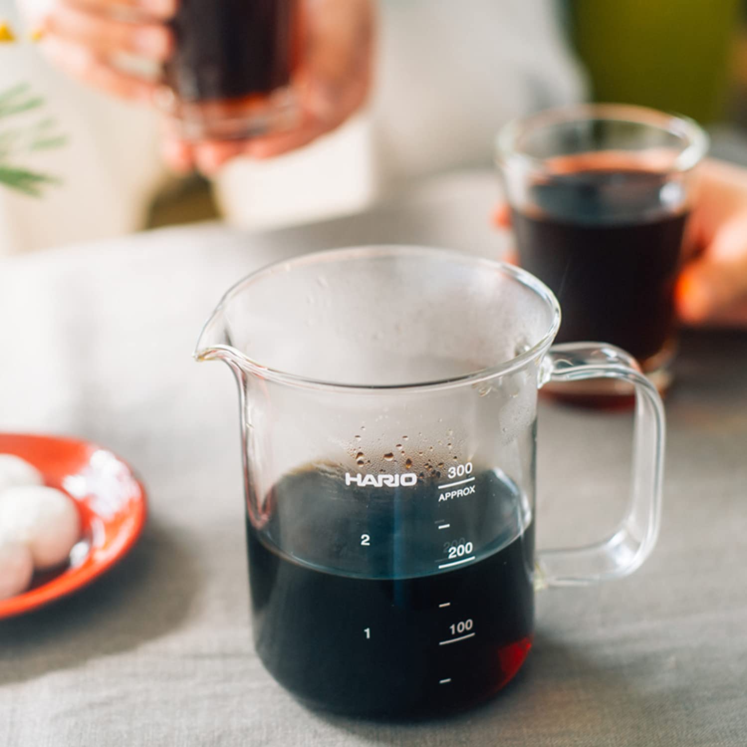 HARIO Beaker Server 300ml ready for serving two cups.