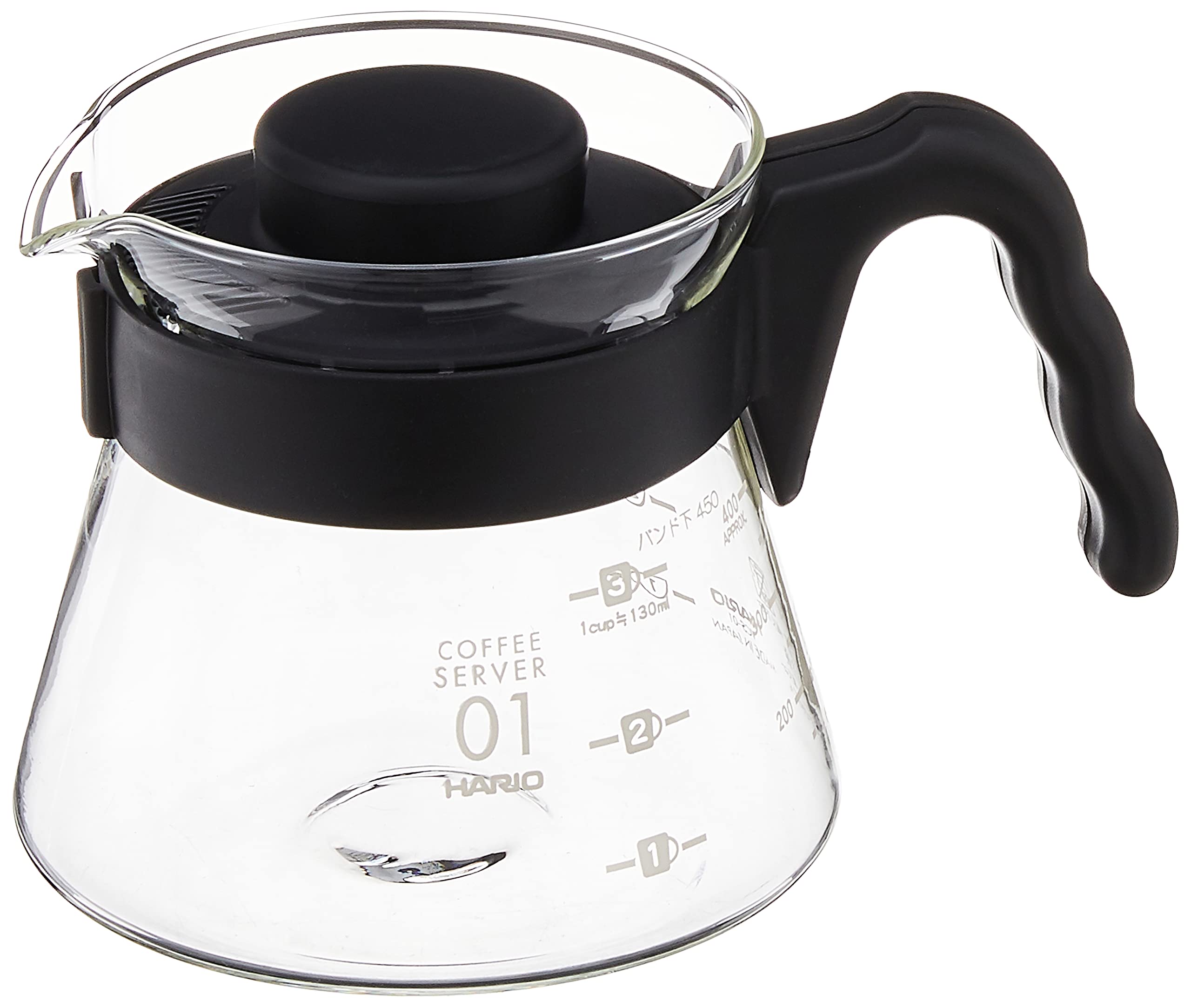 Hario V60 glass coffee server with 450 ml capacity and black finish for everyday brewing.