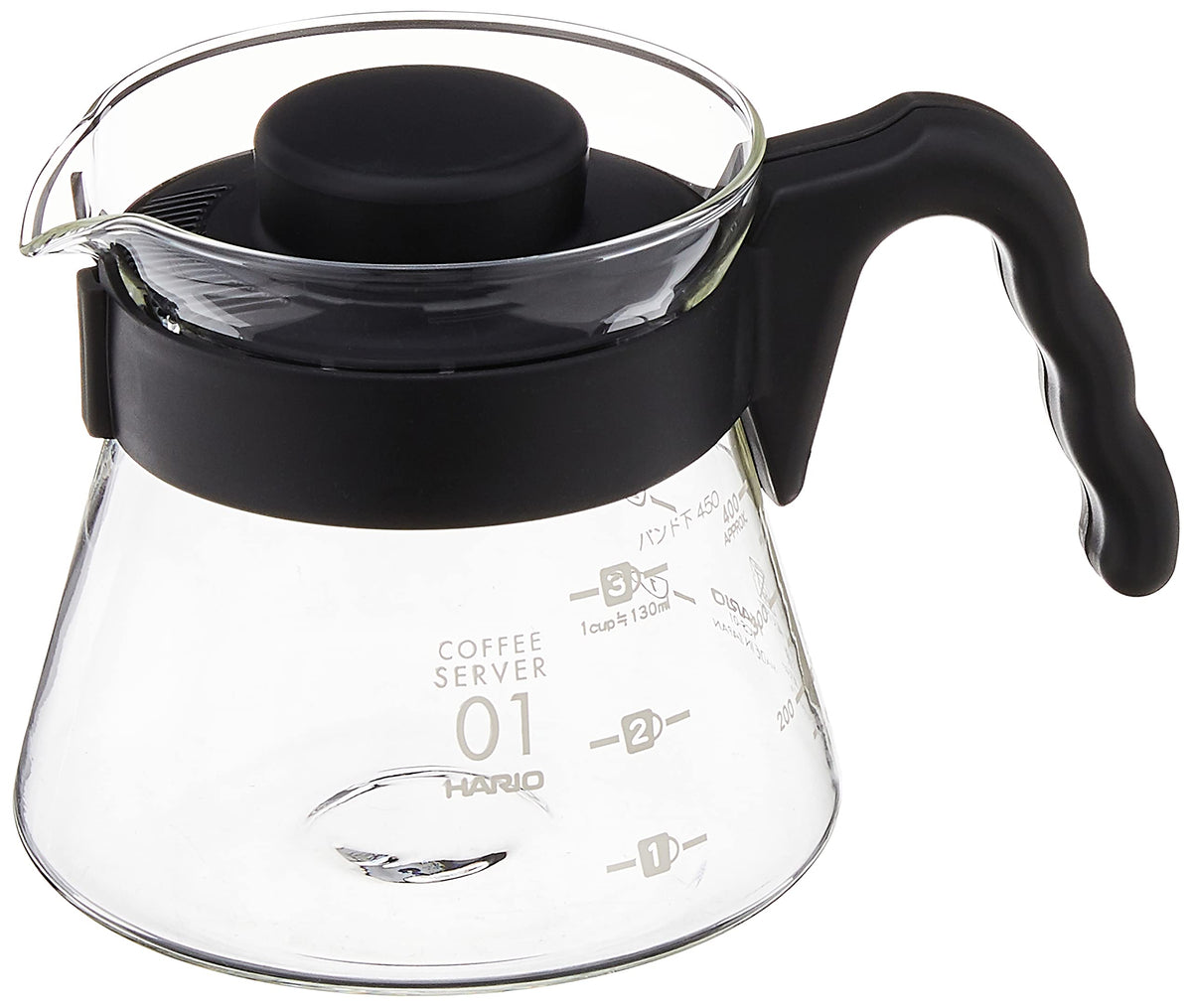 Hario V60 glass coffee server with 450 ml capacity and black finish for everyday brewing.