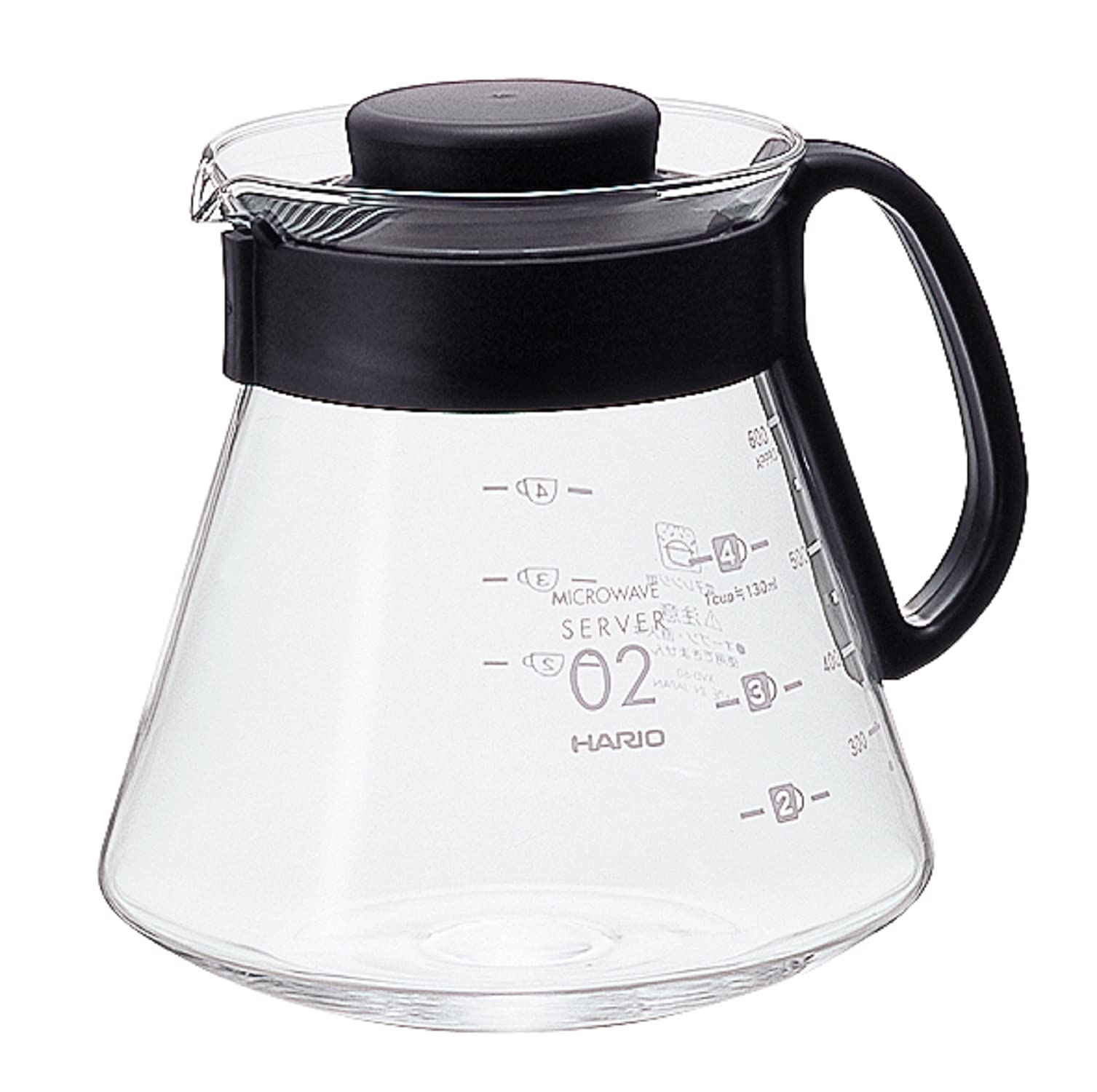 Hario V60 glass coffee server 600ml top view with measurement lines for precise brewing