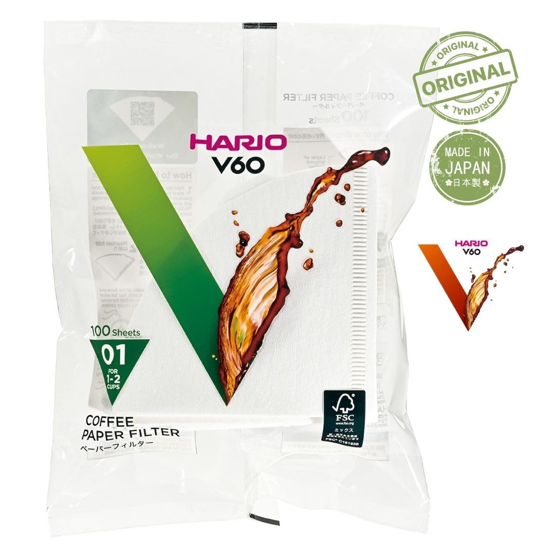 Hario V60 Misarashi Size 01 filter stack shows 200-count pack for quick, daily brews.