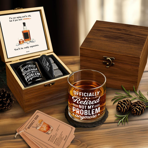 Harmora engraved coaster complements the glass for a polished gift presentation.