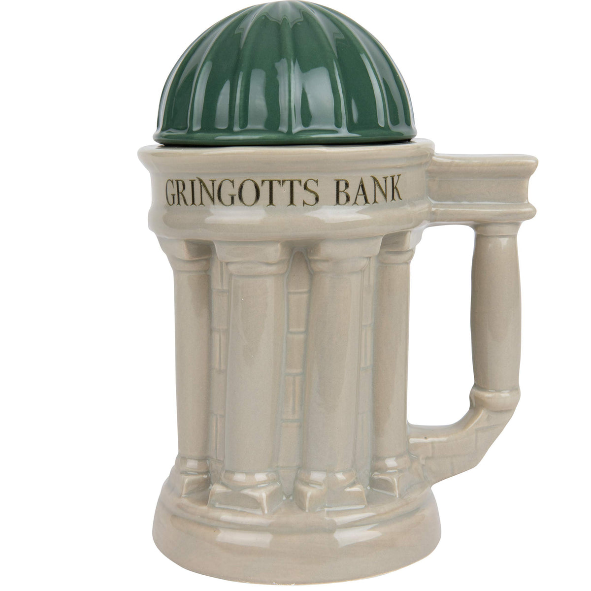 Harry Potter Gringotts mug with lid keeps drinks warm.