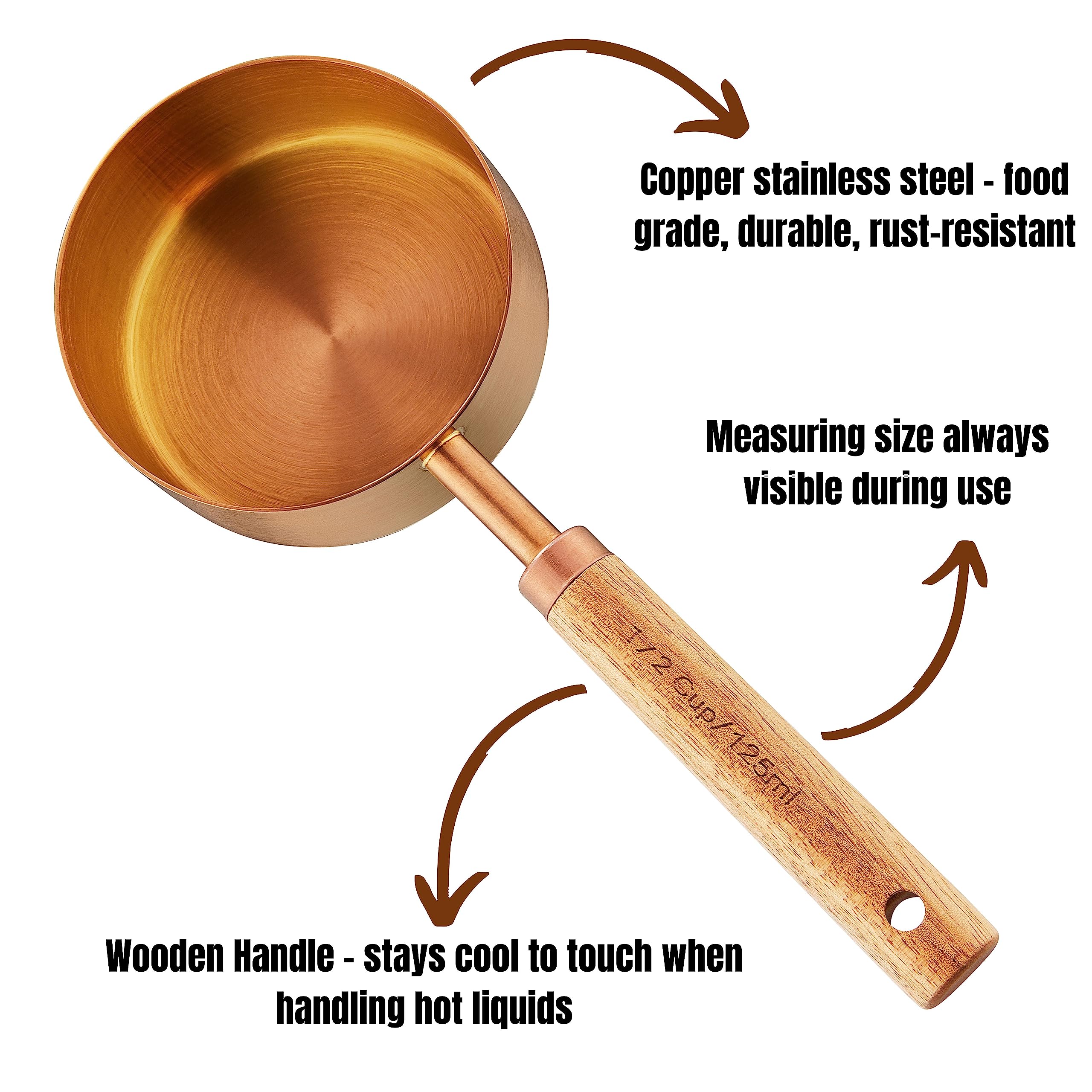 HARURI copper-tone measuring cups with metric and US size markings shown clearly.