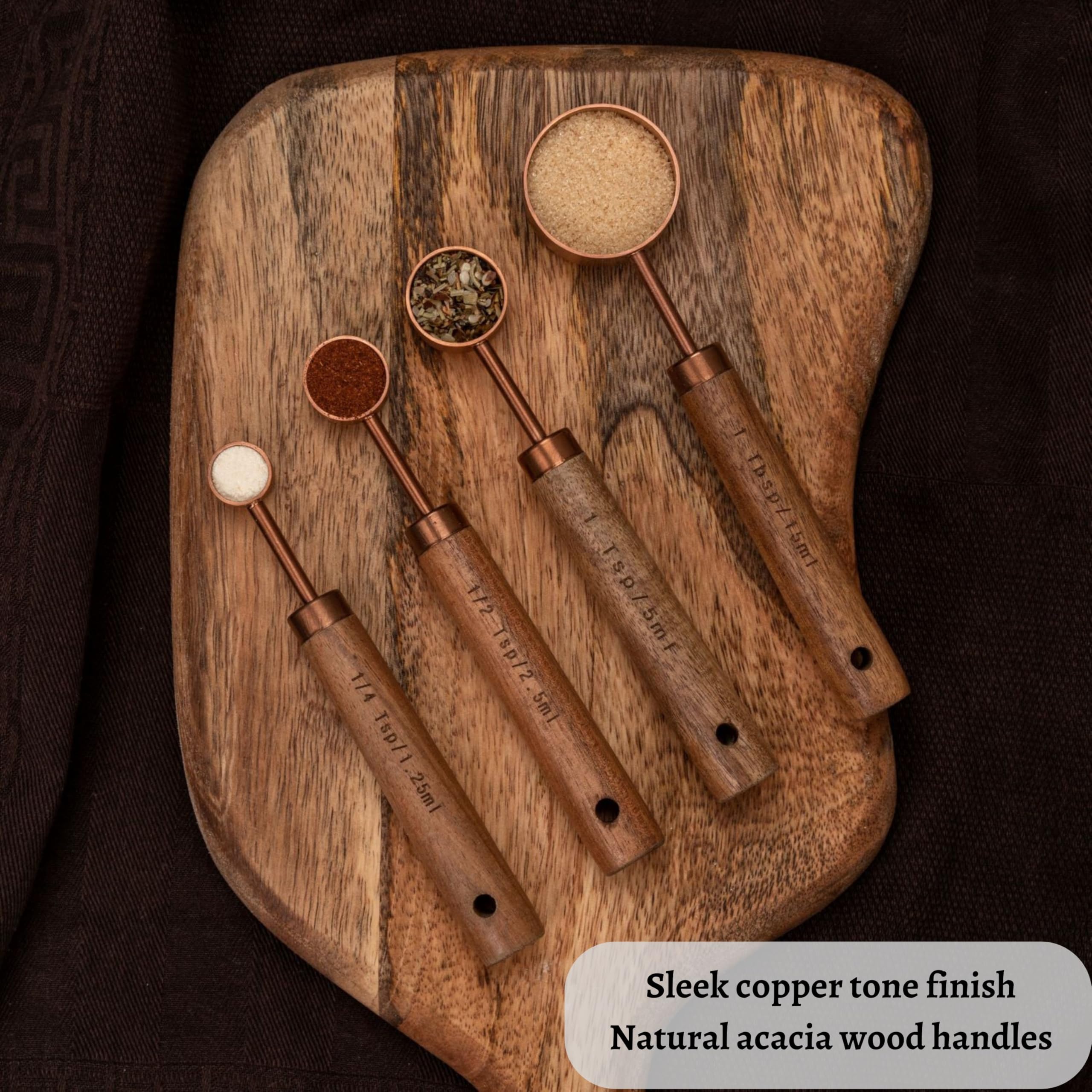 HARURI wood-handed measuring spoons and cups provide comfortable grip during prep.