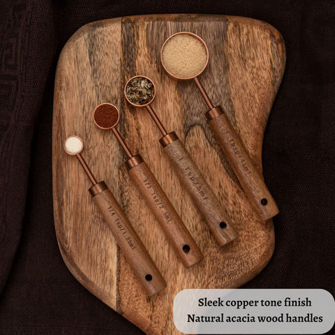 HARURI wood-handed measuring spoons and cups provide comfortable grip during prep.