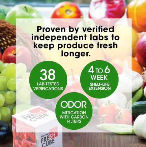 Harvest Fresh Cube installed in a fridge demonstrating ethylene reduction for longer-lasting produce