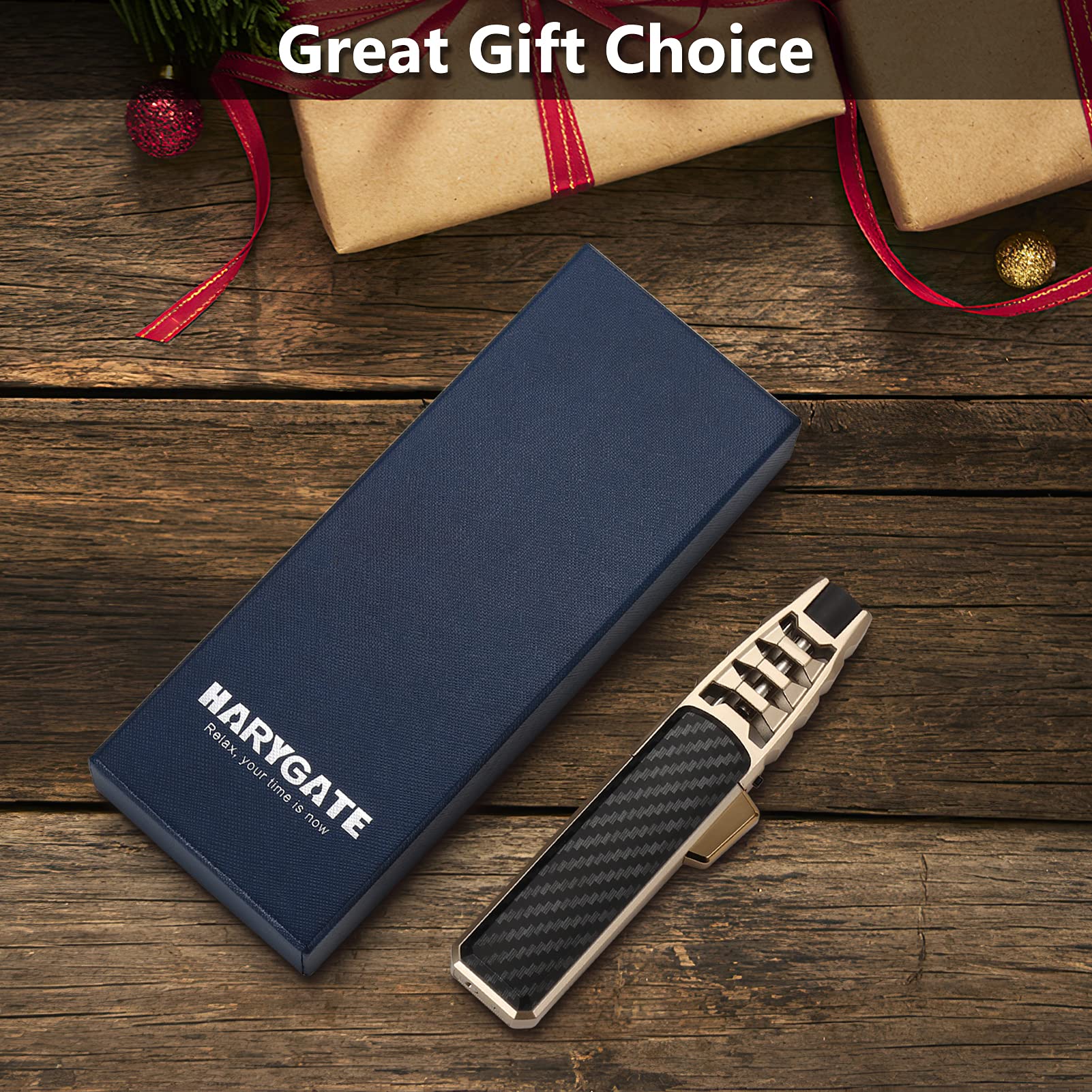 Harygate portable torch for camping, fireplace lighting, and BBQs.