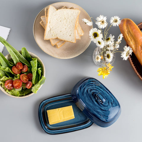 Hasense blue butter dish adds a vibrant touch to countertops.