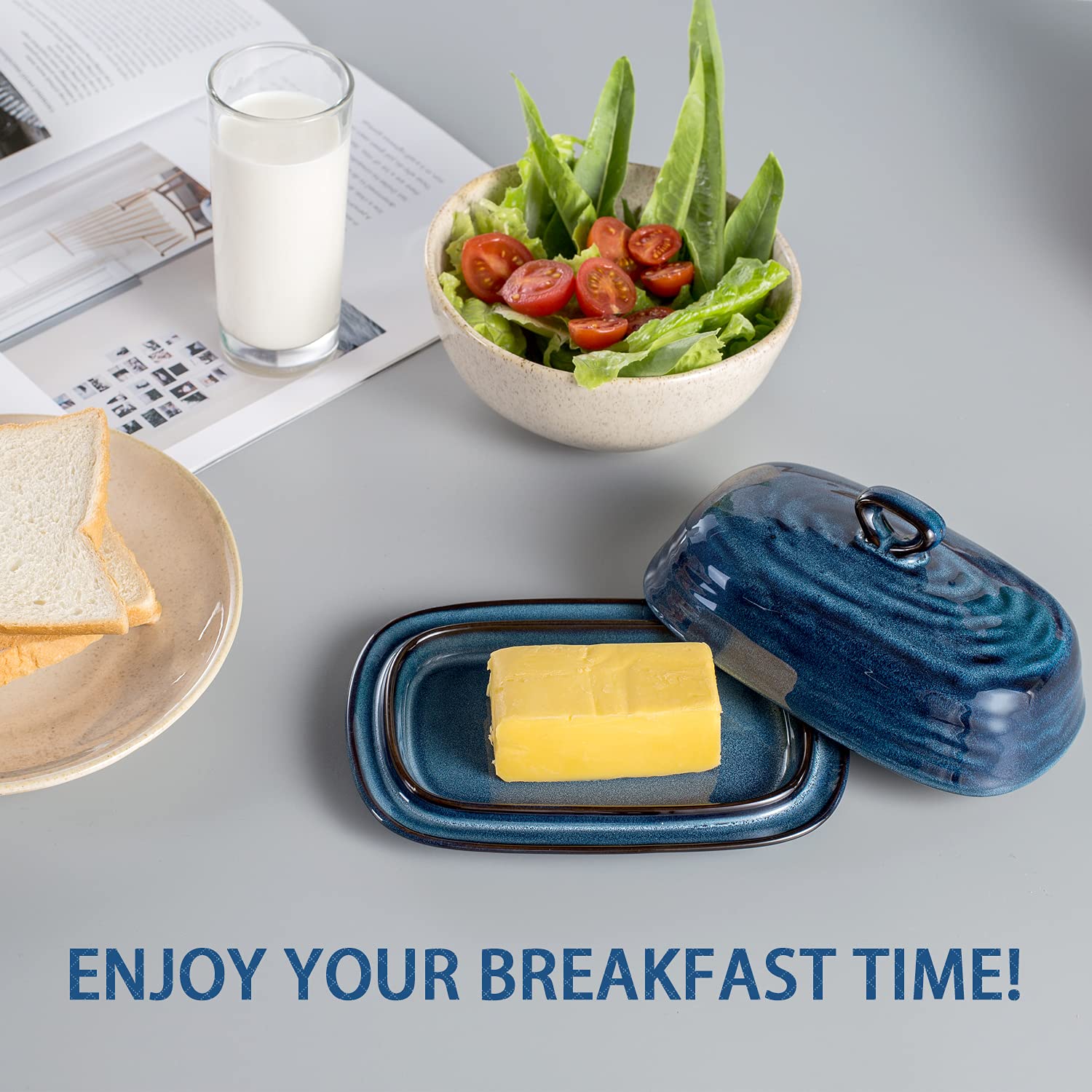 Hasense butter dish complements kitchen decor with classic porcelain glaze.