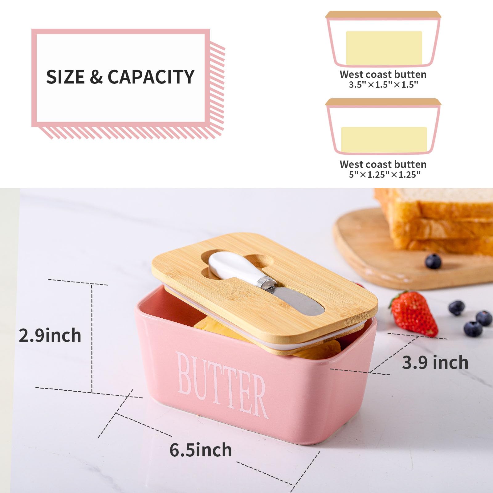 Hasense butter dish with integrated knife on lid groove in pink