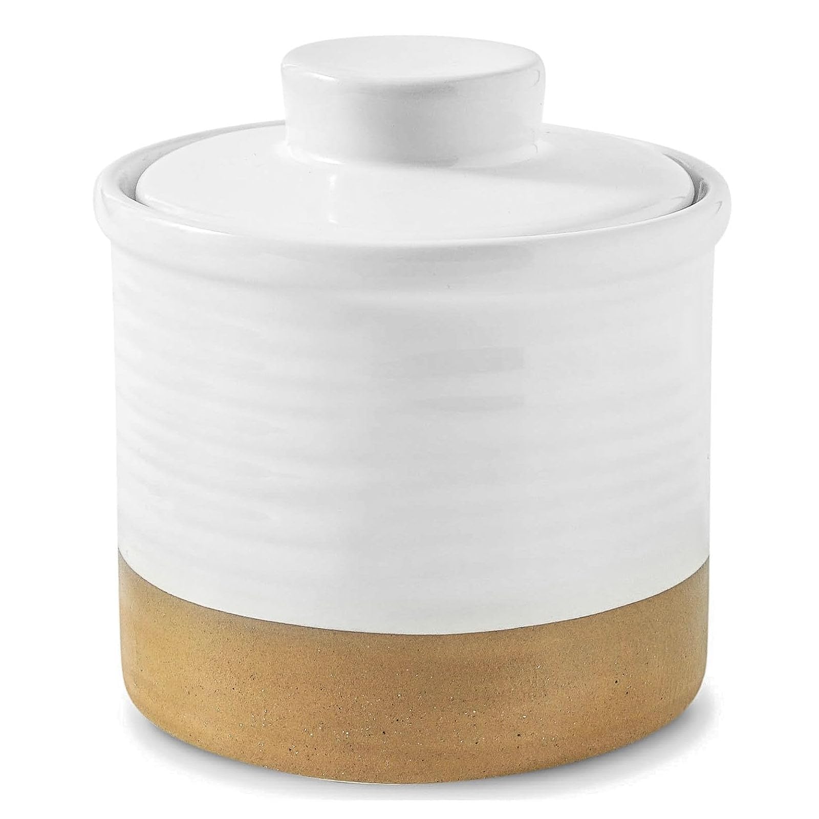 Hasense butter dish with lid on counter, keeps butter soft for spreading.