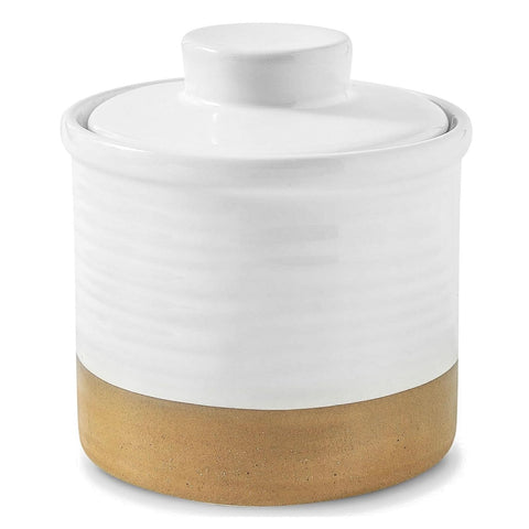 Hasense butter dish with lid on counter, keeps butter soft for spreading.