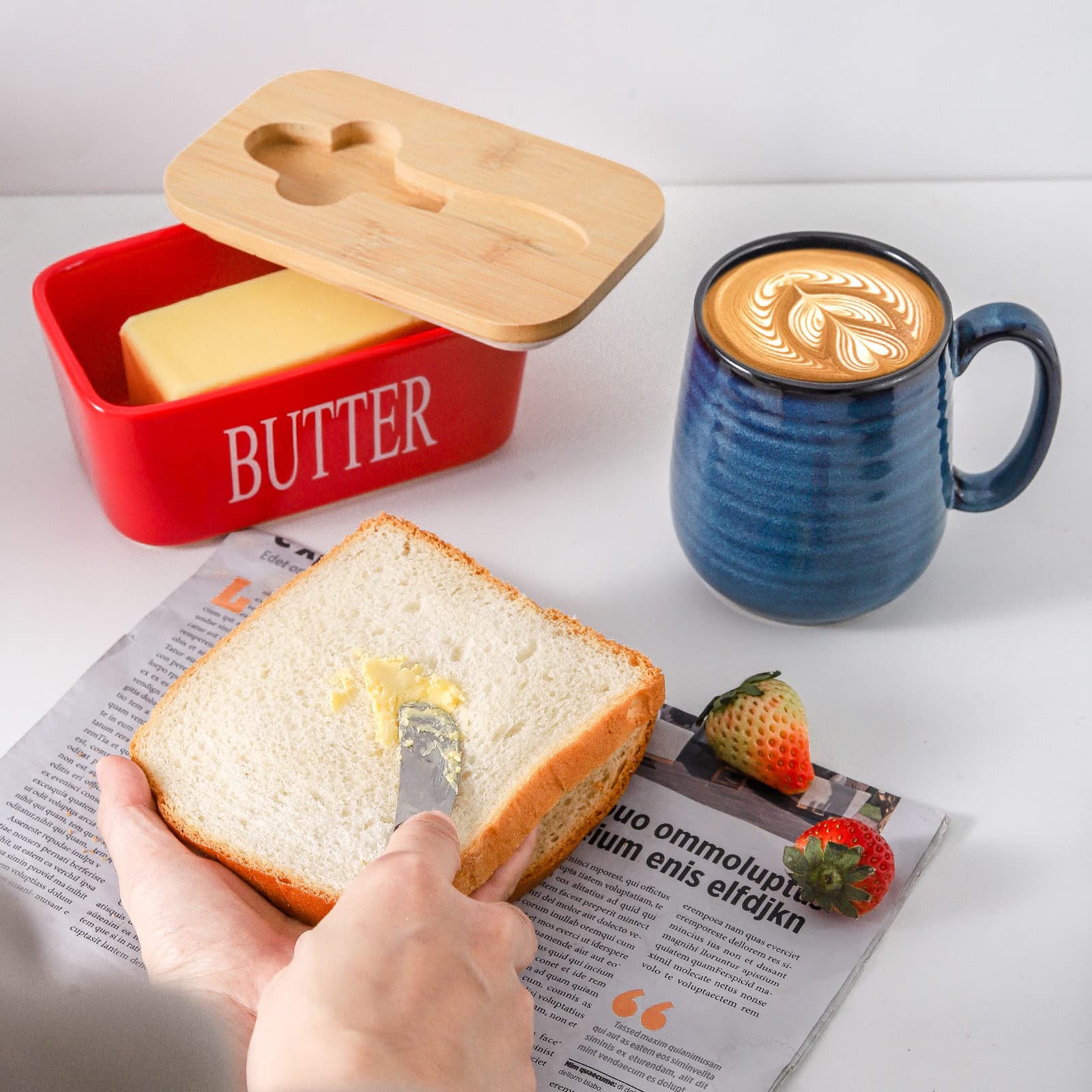 Hasense butter dish on kitchen counter with glossy porcelain finish.
