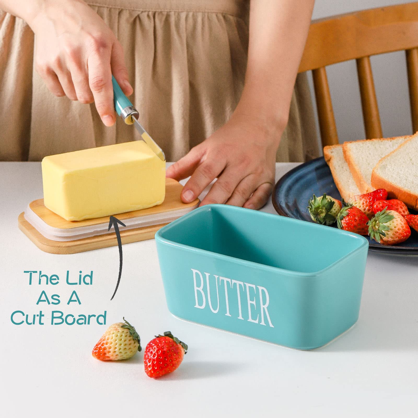 Hasense butter dish with knife ready for easy spreading.