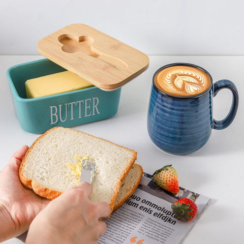 Hasense turquoise ceramic butter keeper blends with kitchen décor.