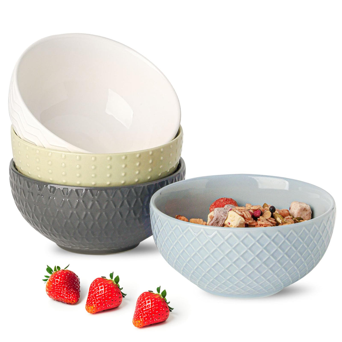 HASENSE ceramic cereal bowls set of 4 on table, ideal for everyday meals.