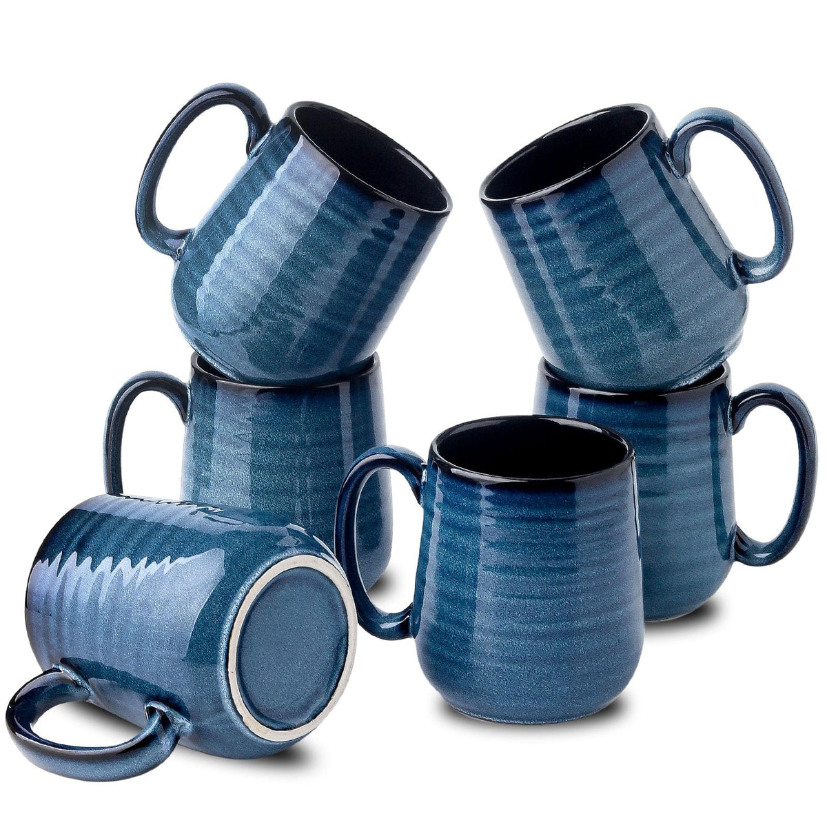 HASENSE coffee mug set 6 with blue handles, ergonomic grip for comfortable sipping.