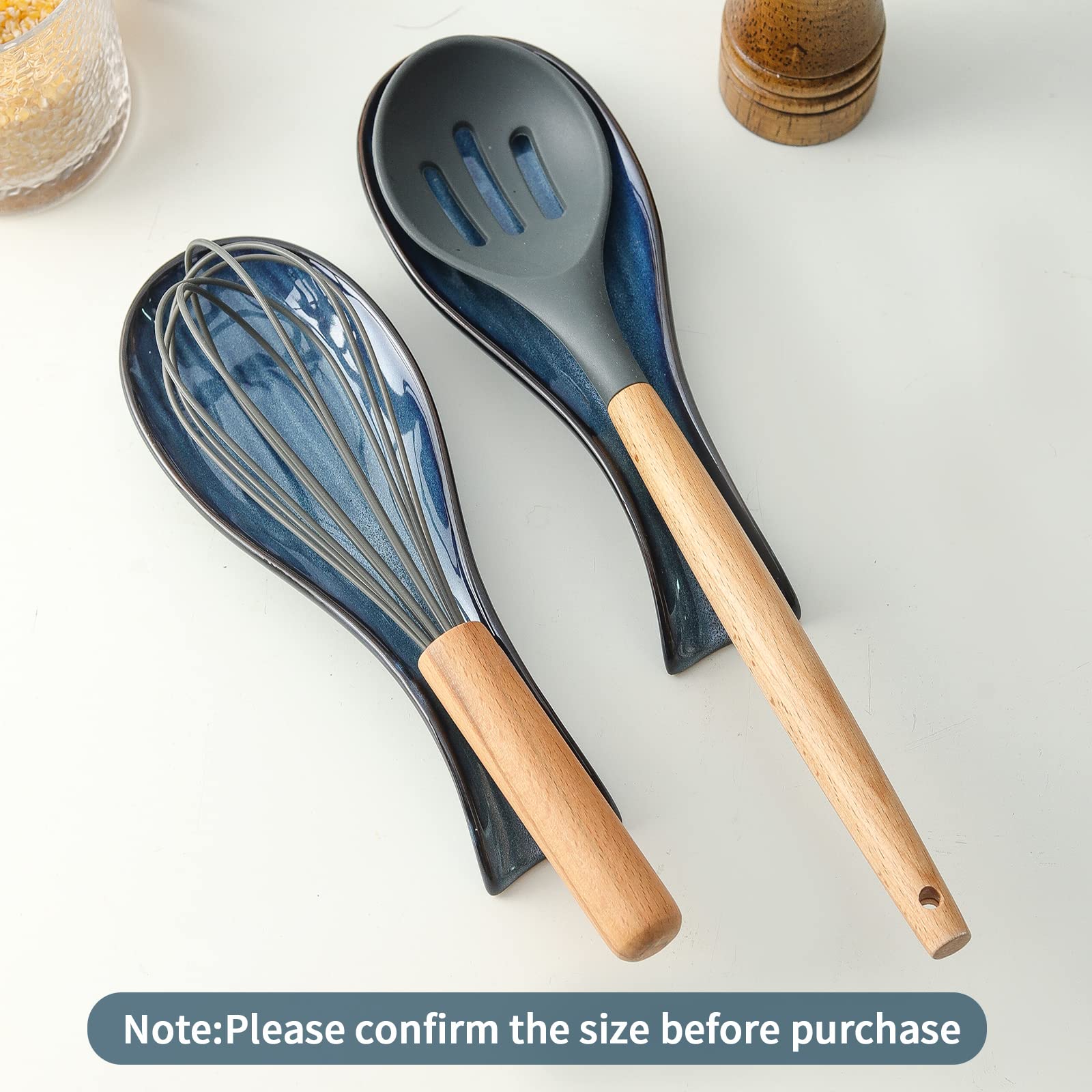 HASENSE navy ceramic spoon rest complements rustic and modern kitchen decor.