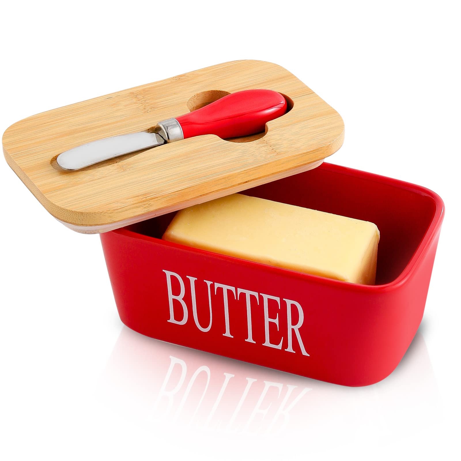 Hasense porcelain butter dish with red bamboo lid on counter, keeps butter fresh.