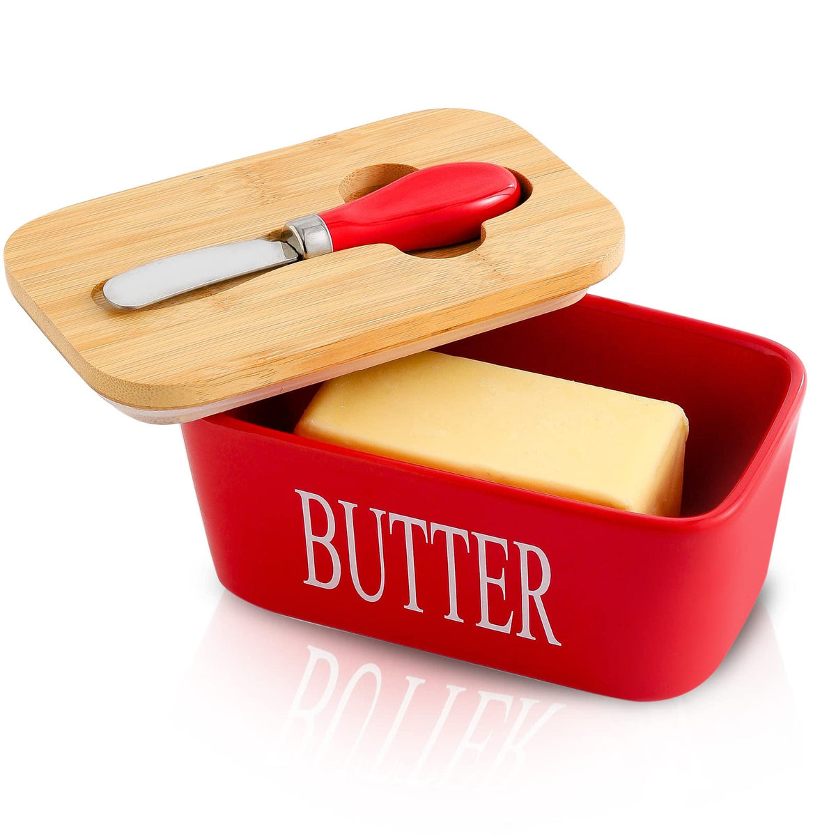 Hasense porcelain butter dish with red bamboo lid on counter, keeps butter fresh.