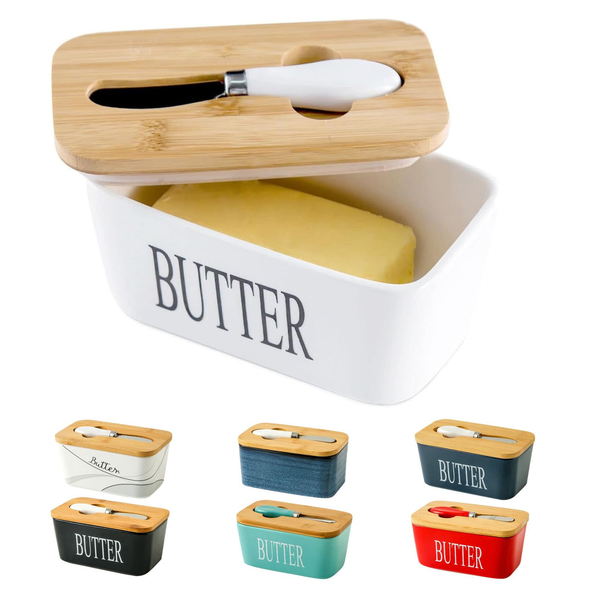 Hasense porcelain butter dish with bamboo lid on counter keeps butter fresh.