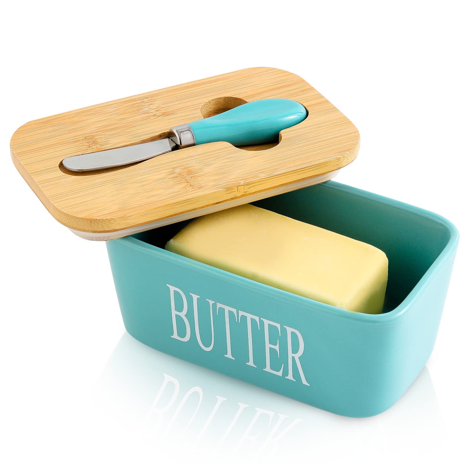 Hasense porcelain butter dish with lid in turquoise adds elegant countertop style.