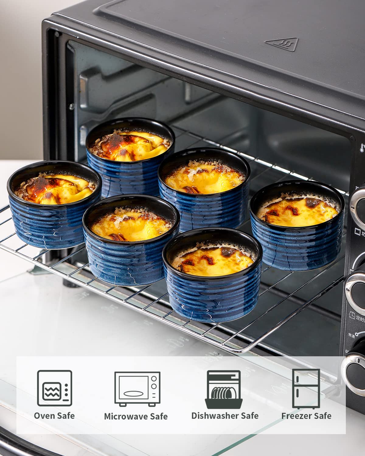 Hasense souffle dish in navy glaze for elegant table presentation.