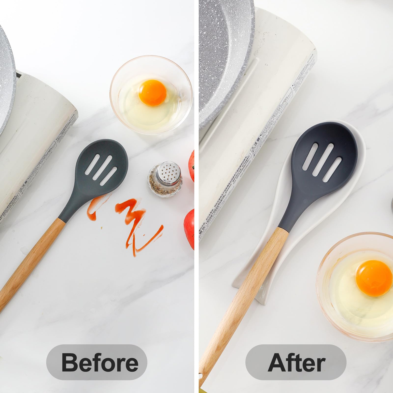 HASENSE spoon rest catches drips from spatula and ladle.
