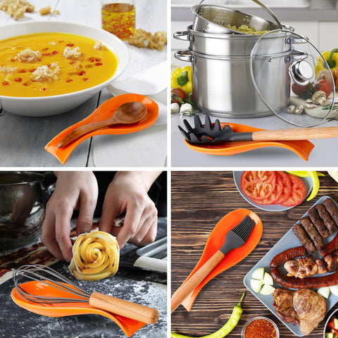 HASENSE orange spoon rest on countertop protects surfaces from drips after cooking.