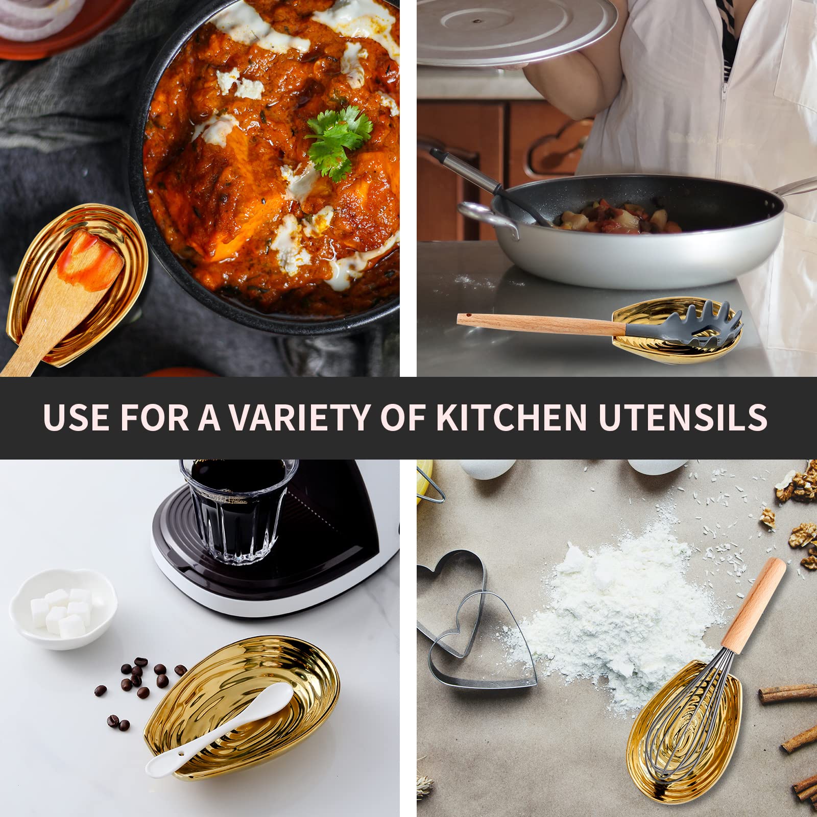 HASENSE ceramic gold spoon rest cradles multiple utensils neatly.