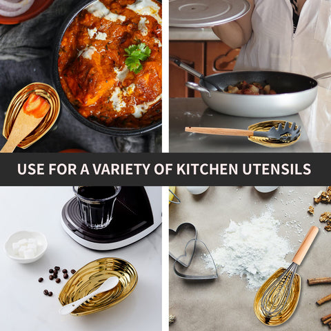 HASENSE ceramic gold spoon rest cradles multiple utensils neatly.